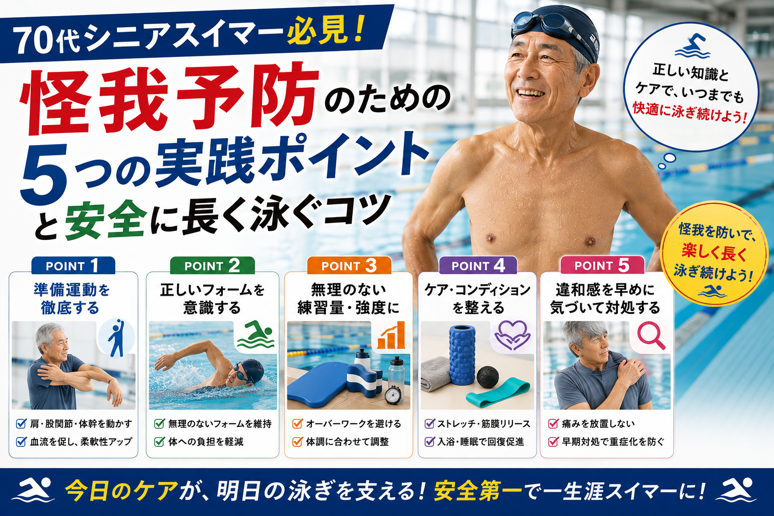 70代シニア向けの泳ぎ方・怪我予防の5つの実践ポイントを紹介する大型ポスター広告。背景にはプールと笑顔の男性 swimmers。日本語のキャッチコピー付き。"